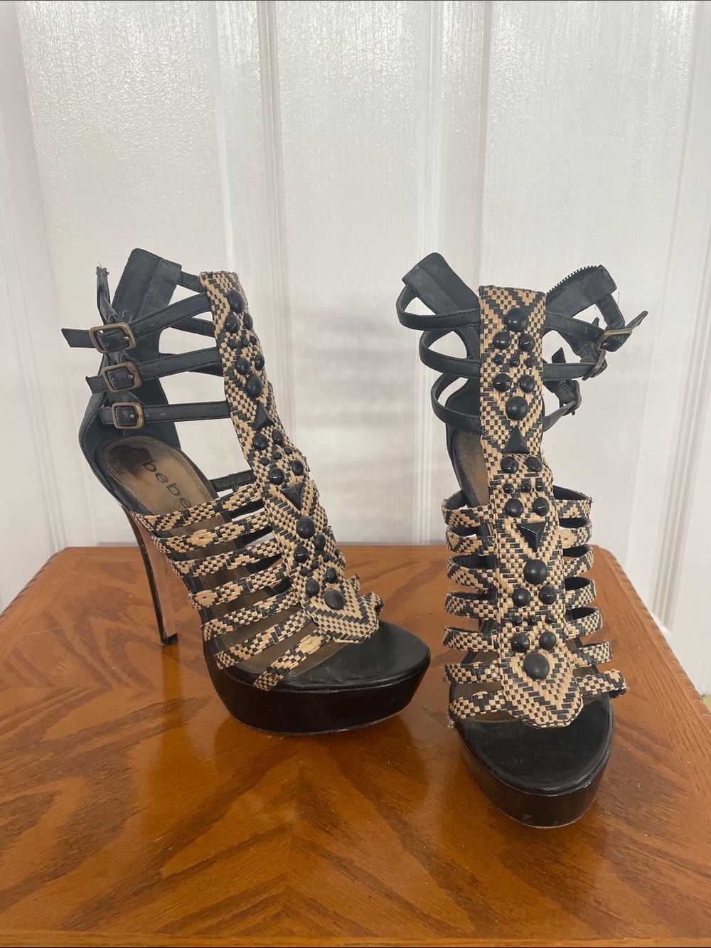 bebe Black and Tan Snake-Print Strappy Stud Platform Heels